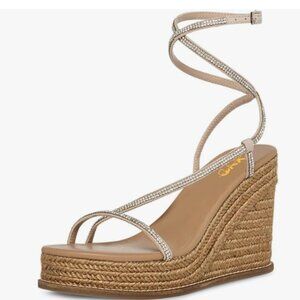 XYD Beige Crystals Open Toe Straps Espadrilles Wedge Sandals Ankle Strappy Shoes